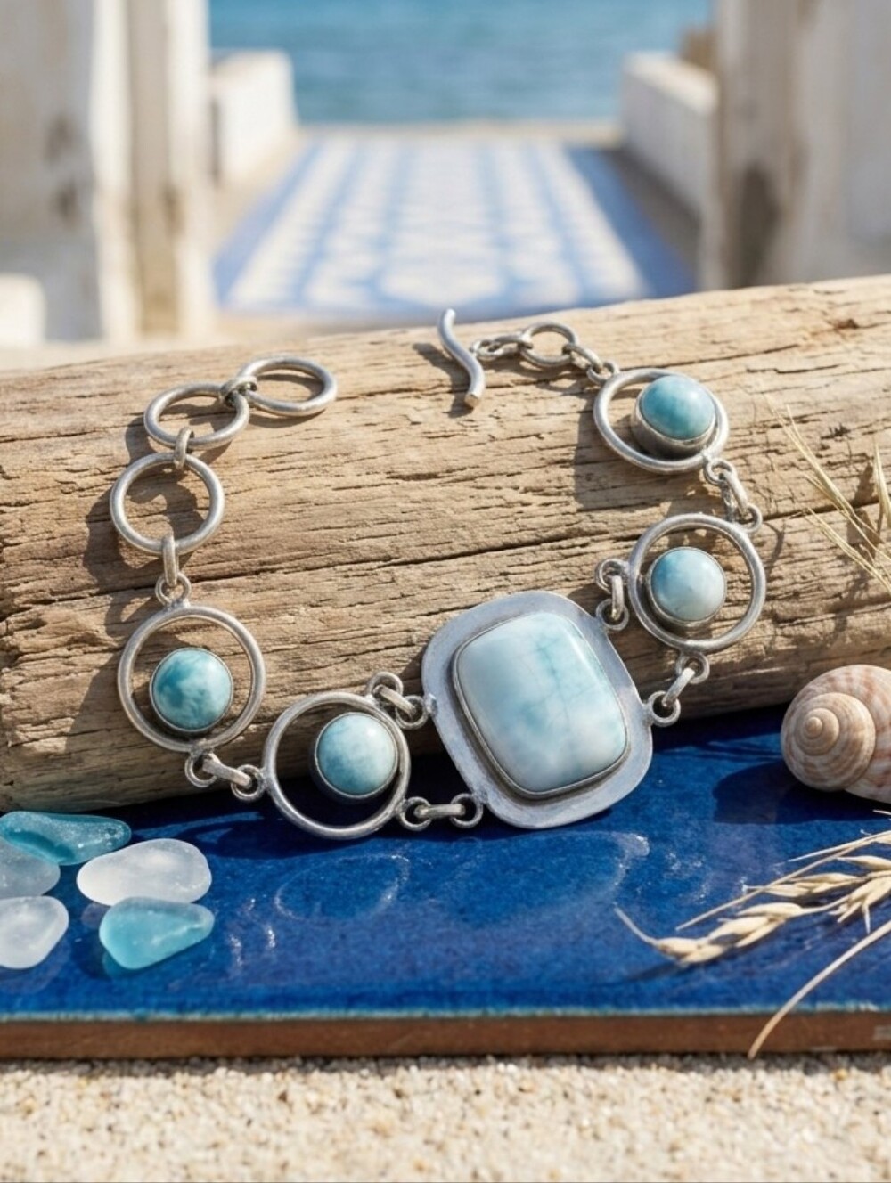 925 Sterling Silver Genuine Larimar Artisan Handcrafted Link Bracelet 7.5"